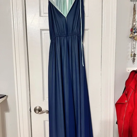 Eva Mendes Blue and Teal Striped Maxi Dress - Picture 6 of 8